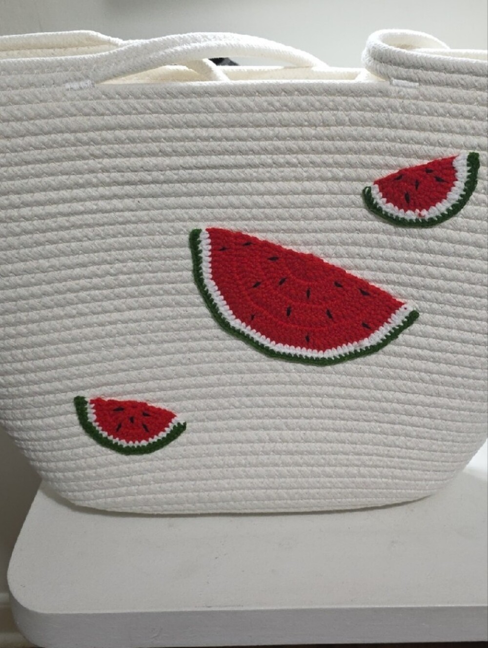 White Rope Tote Bag with Red Watermelon Appliqué